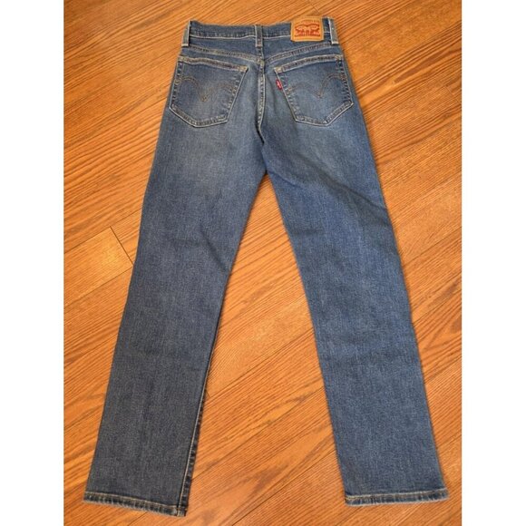 Levi's Wedgie Straight Leg Jeans Womens Sz 25 Dark Wash Distressed Button Fly - Picture 8 of 11